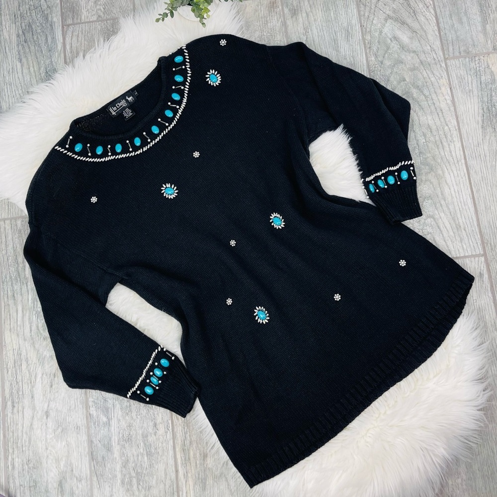 Le Chois Vintage Black Knit Oversized Metallic Embroidered Flower Sweater Top